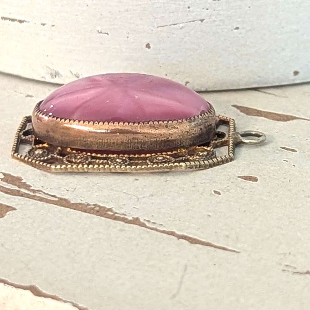 Vintage Art Deco 10k Gold Filigree Pendant | Pink Star Glass Cabochon | 7.9g - Picture 7 of 9
